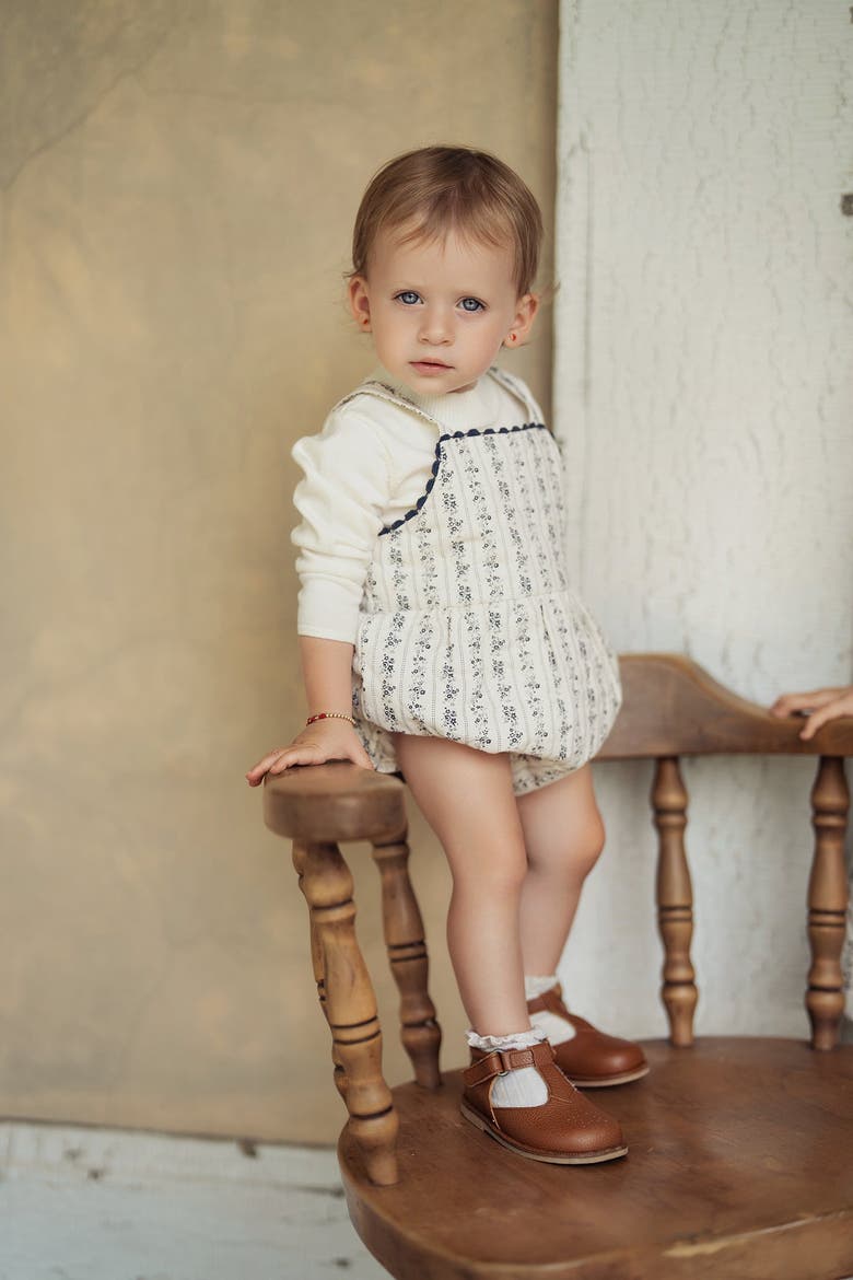 Quilted Stripe Floral Romper with Lace Trim, Alternate, color, Vanilla
