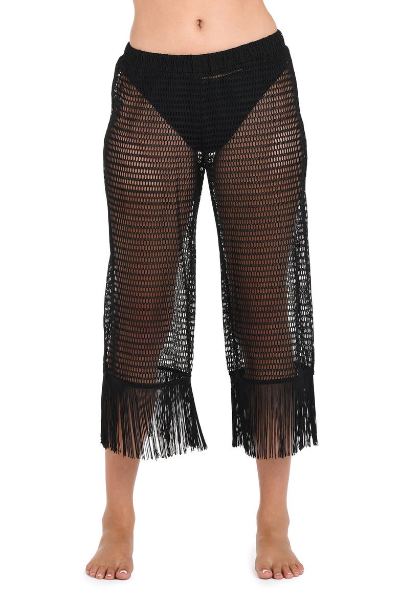 Fringe Sheer Crop Cover-Up Pants, Main, color, BLACK