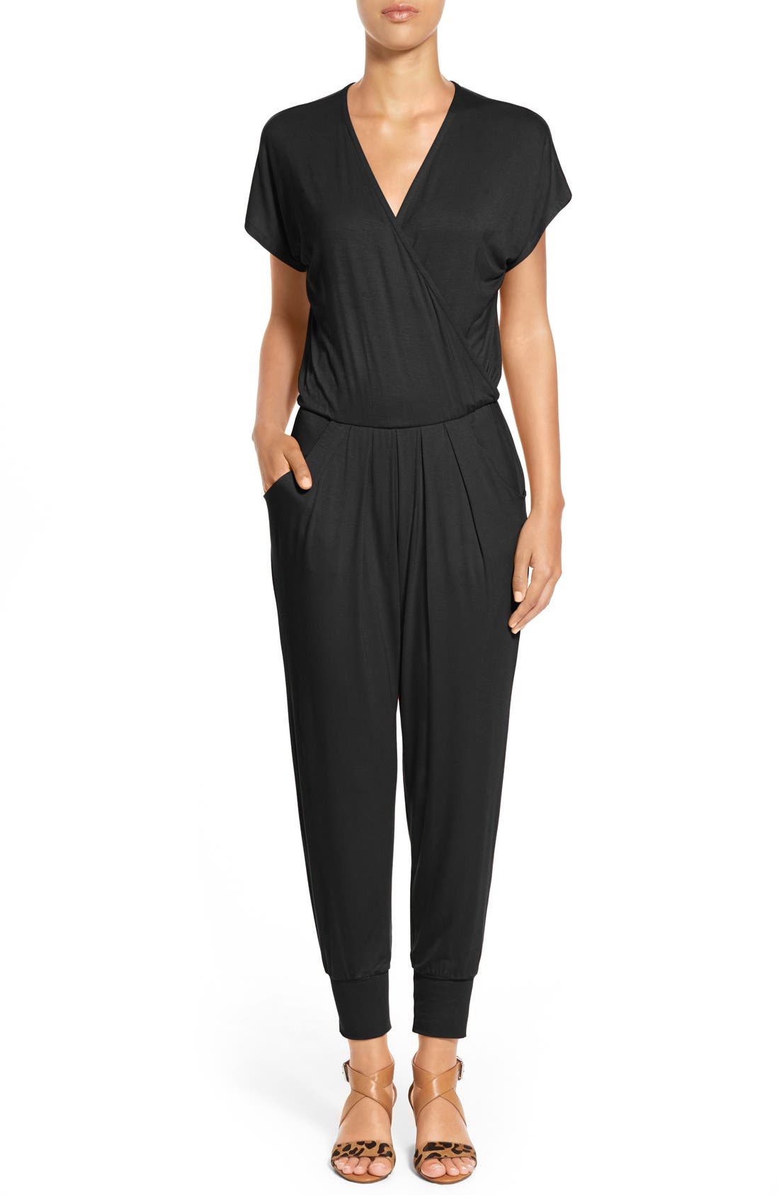 Loveappella Short Sleeve Wrap Top Jumpsuit