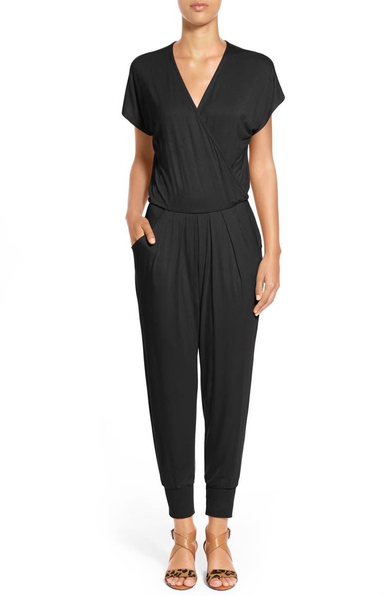 Loveappella Short Sleeve Wrap Top Jumpsuit, Main, color, Black