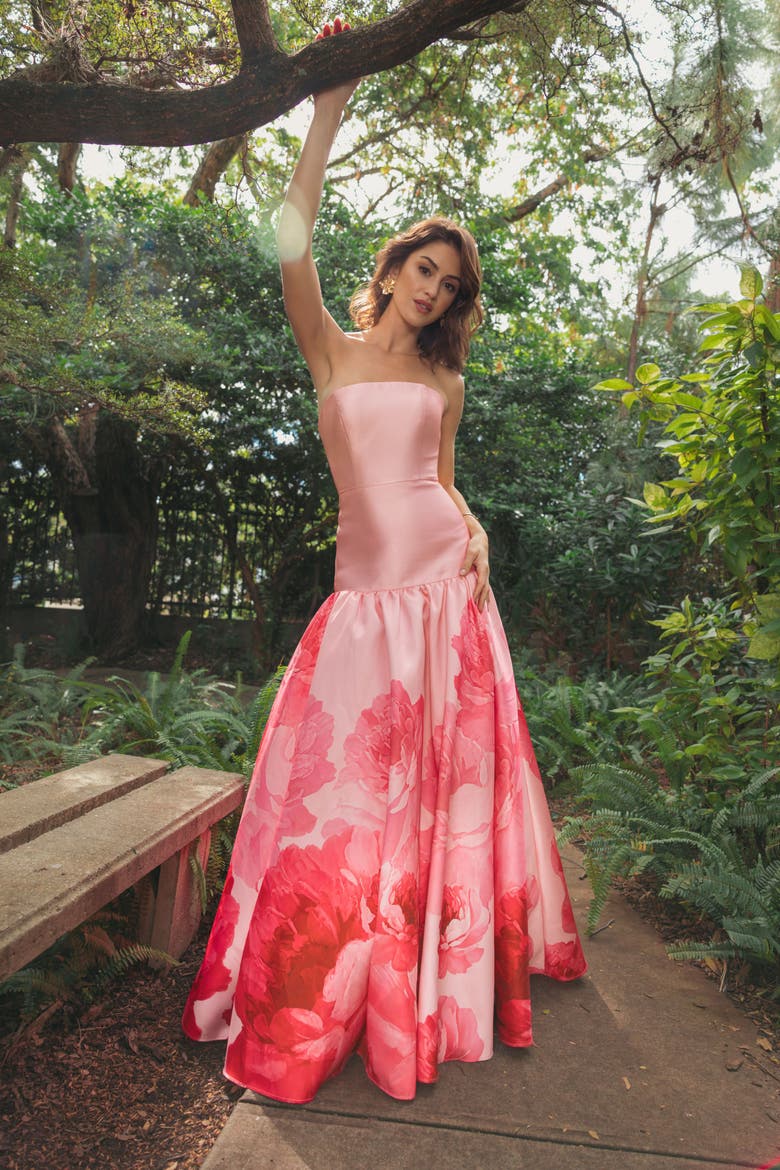 Printed Mikado Strapless Drop Waist Ballgown, Alternate, color, Blush Multi
