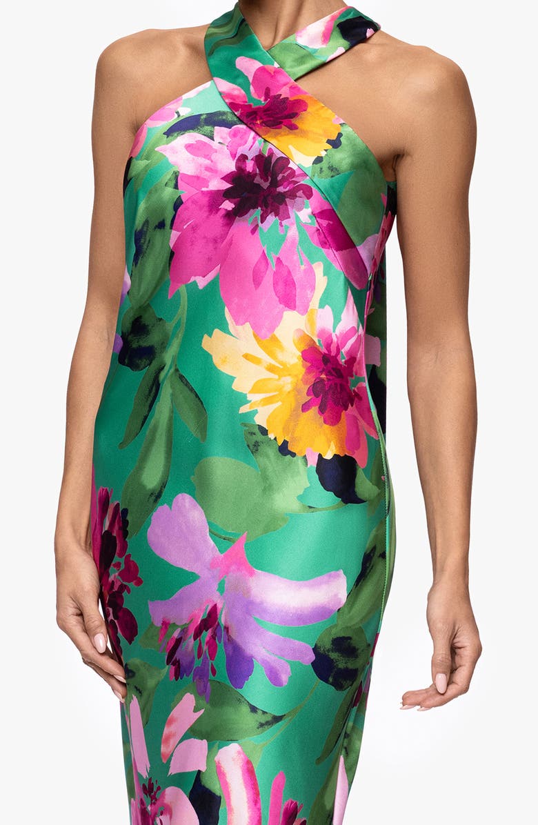 Xscape Evenings Floral Stretch Satin Column Gown, Alternate, color, Green/ Multi