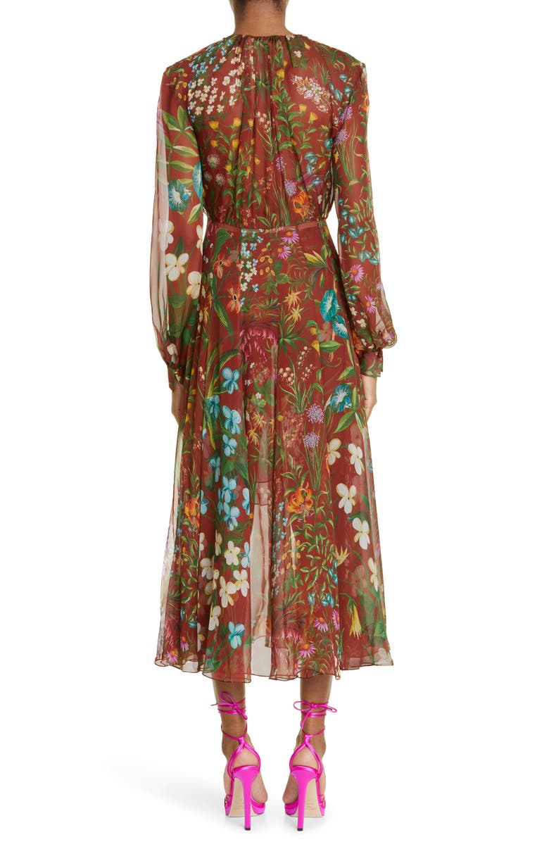 Oscar de la Renta Floral Tapestry Long Sleeve Silk Chiffon Dress, Alternate, color,