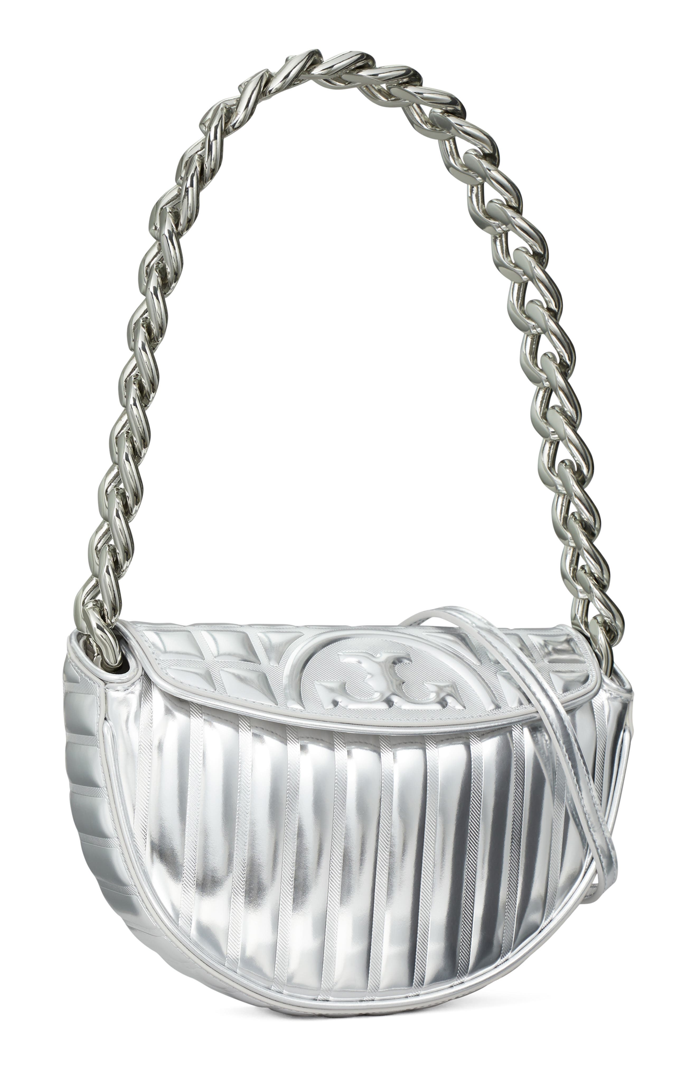 Tory Burch Mini Fleming Soft Metallic Crescent Shoulder Bag, Alternate, color, 