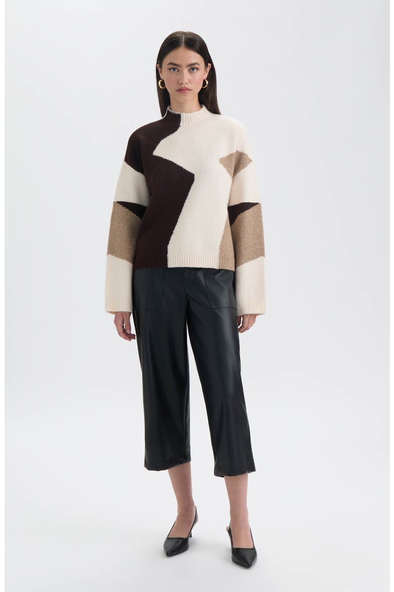 Geo Pattern Sweater, Alternate, color, MARSHMALLOW/ BROWN