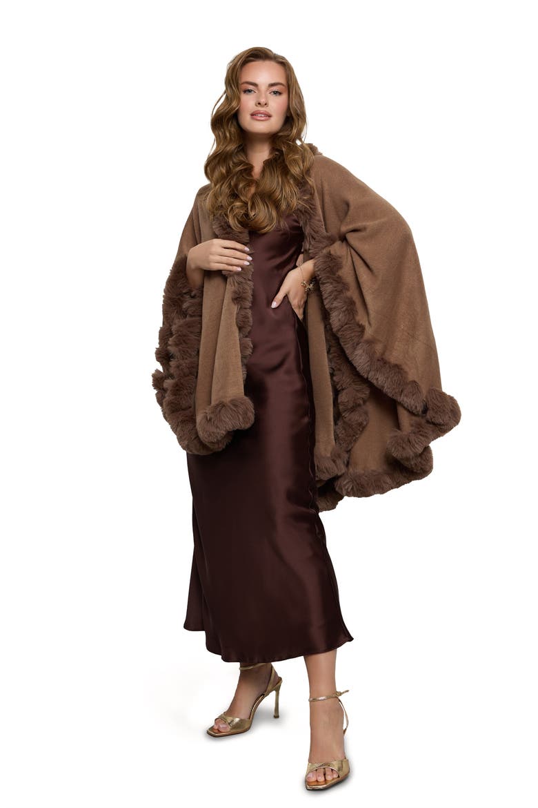 Faux Fur Trim Cape, Alternate, color, BROWN
