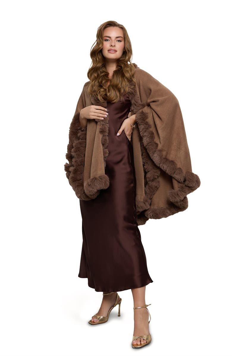 SAACHI Faux Fur Trim Cape, Alternate, color, Brown