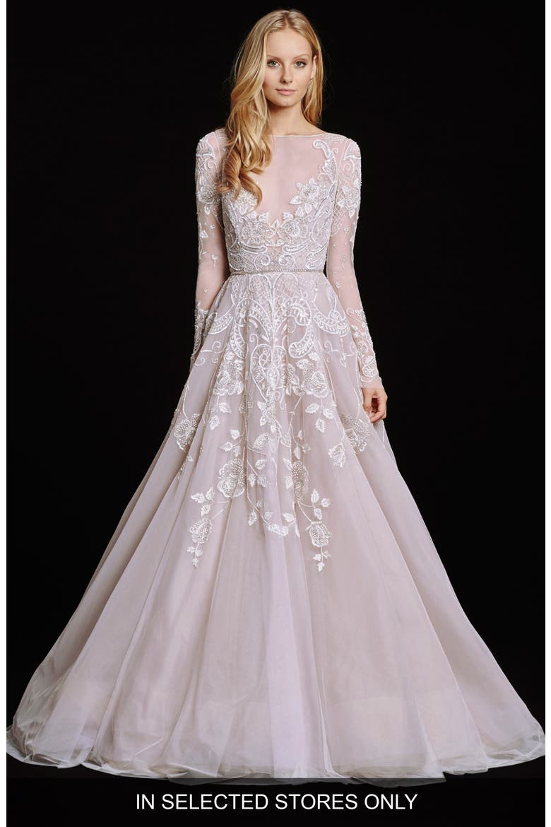 Hayley Embellished English Net & Tulle Long Sleeve Ballgown, Alternate, color, AMETHYST