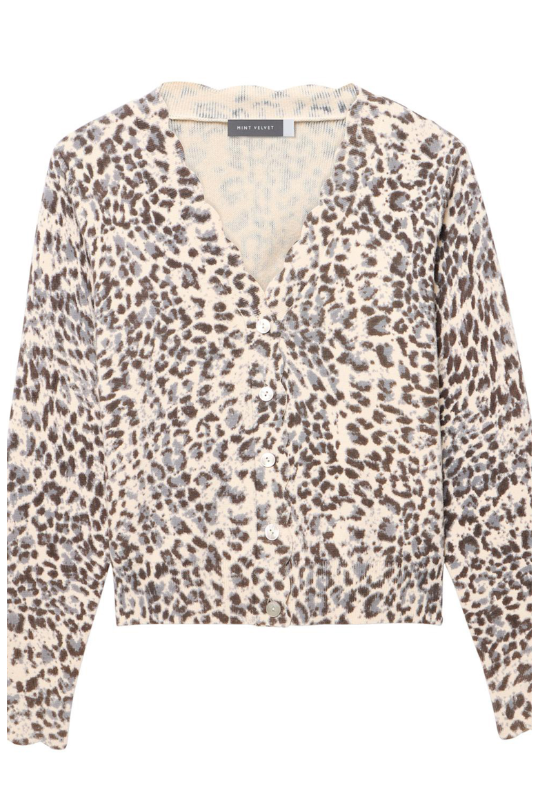 Leopard Print Scallop Trim Cardigan, Alternate, color, Camel
