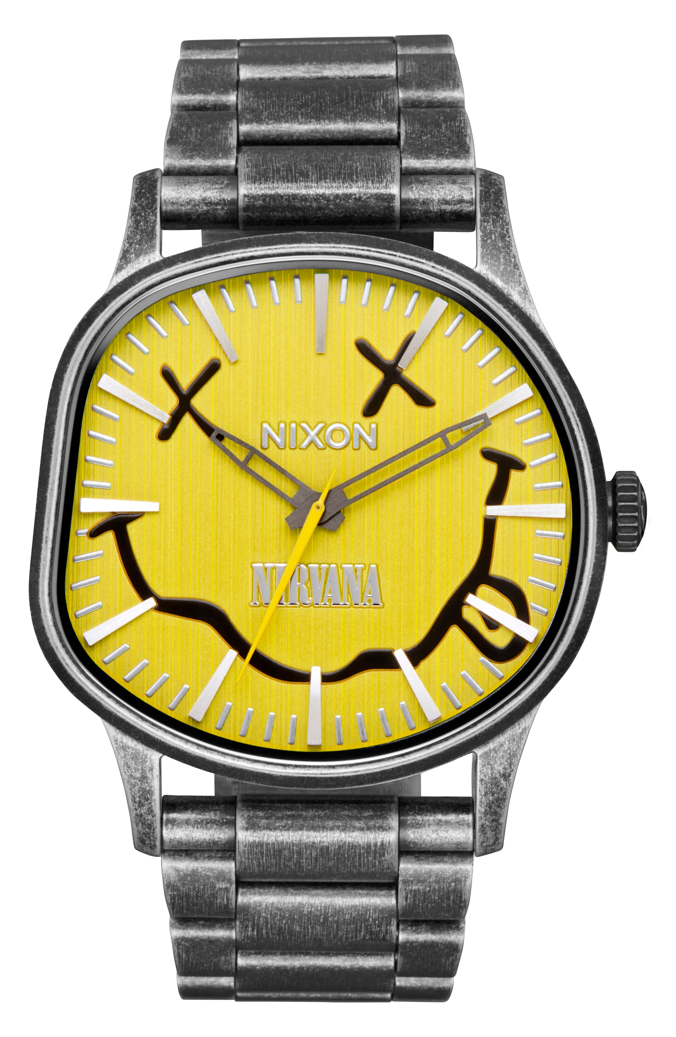 Nixon Nirvana Sentry Wobble Bracelet Watch, 42mm in Yellow Nirvana Smiley 