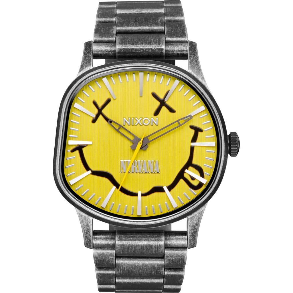 Nixon Nirvana Sentry Wobble Bracelet Watch, 42mm in Yellow Nirvana Smiley
