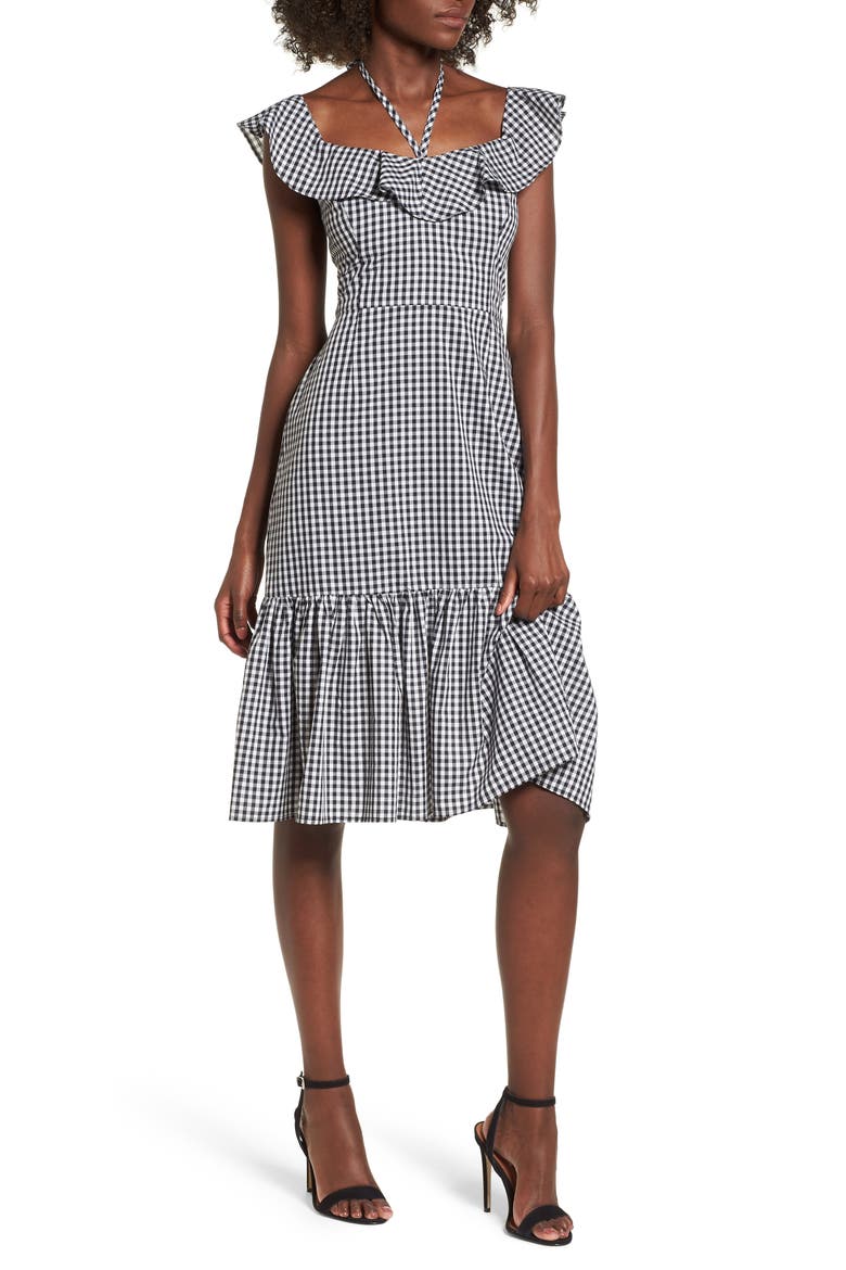 Zander Ruffle Midi Dress, Main, color, BLACK GINGHAM