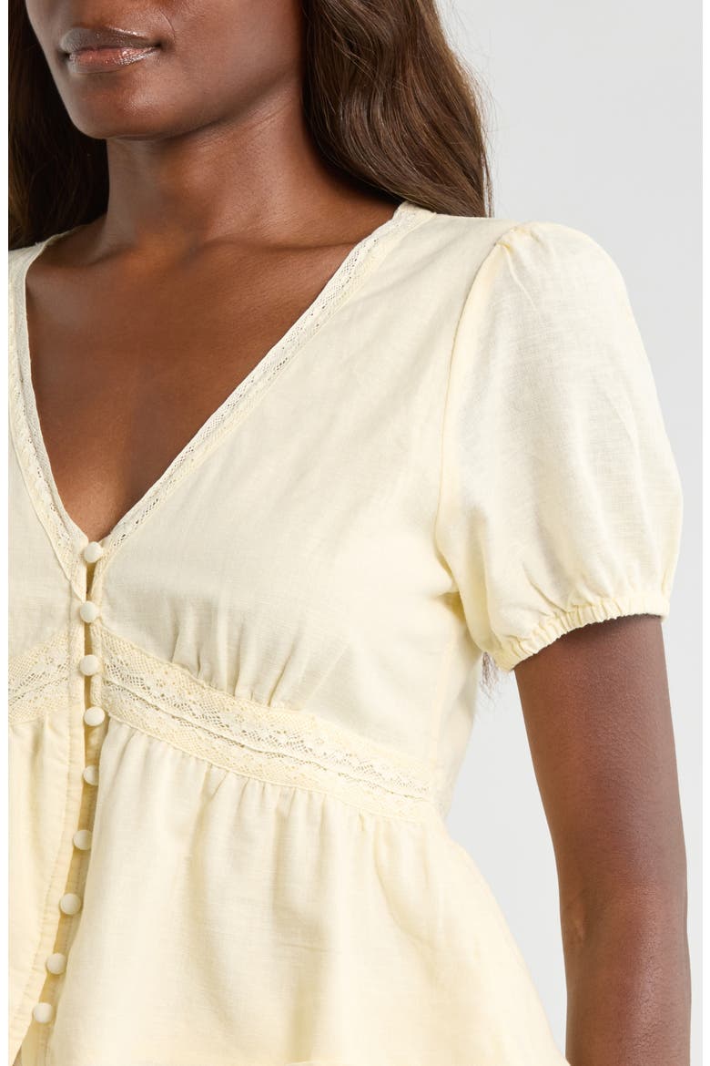 Lace Detail Linen Blend Peplum Top, Alternate, color, PASTEL YELLOW