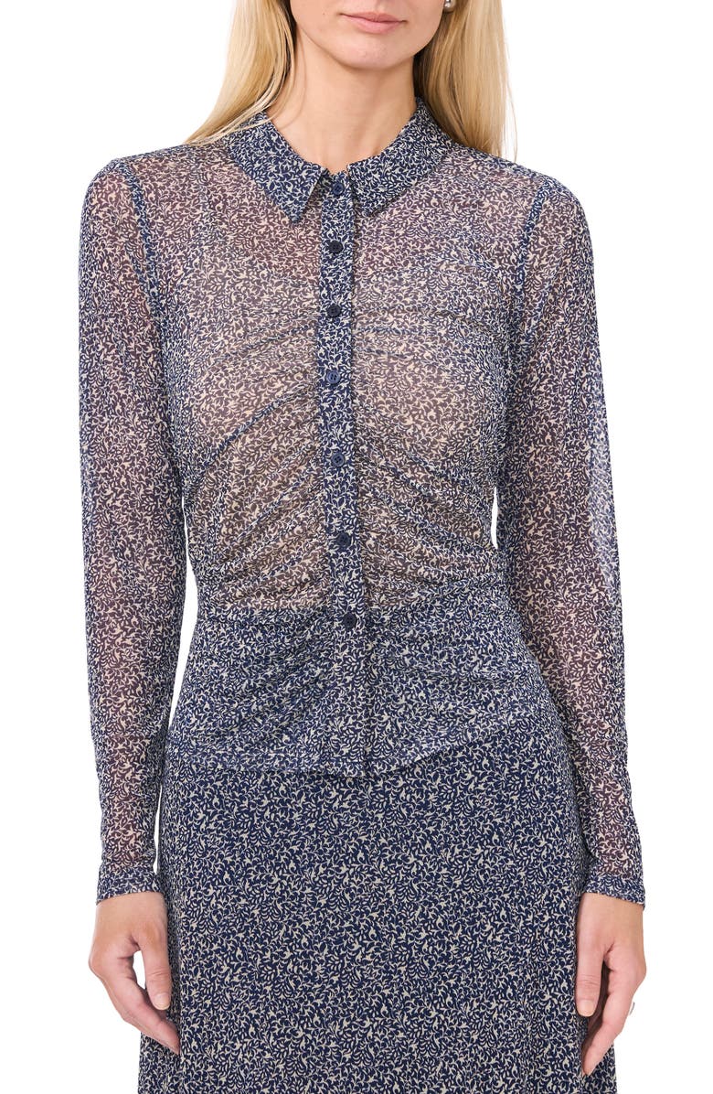 Halogen<sup>®</sup> Print Mesh Button-Up Shirt, Main, color, Navy Blue