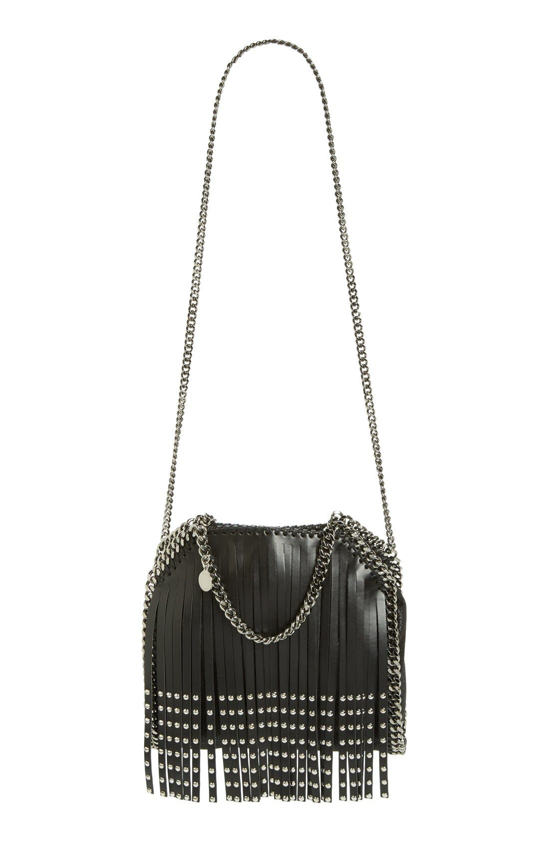 'Falabella' Studded Fringe Shoulder Bag, Main, color, BLACK