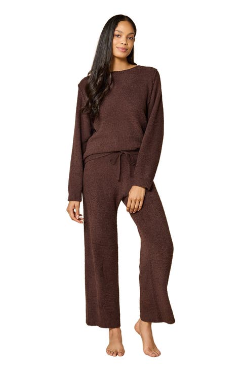 Solid Marshmallow Reverse Seam Crew Neck Lounge Set with Bracelet Sleeve