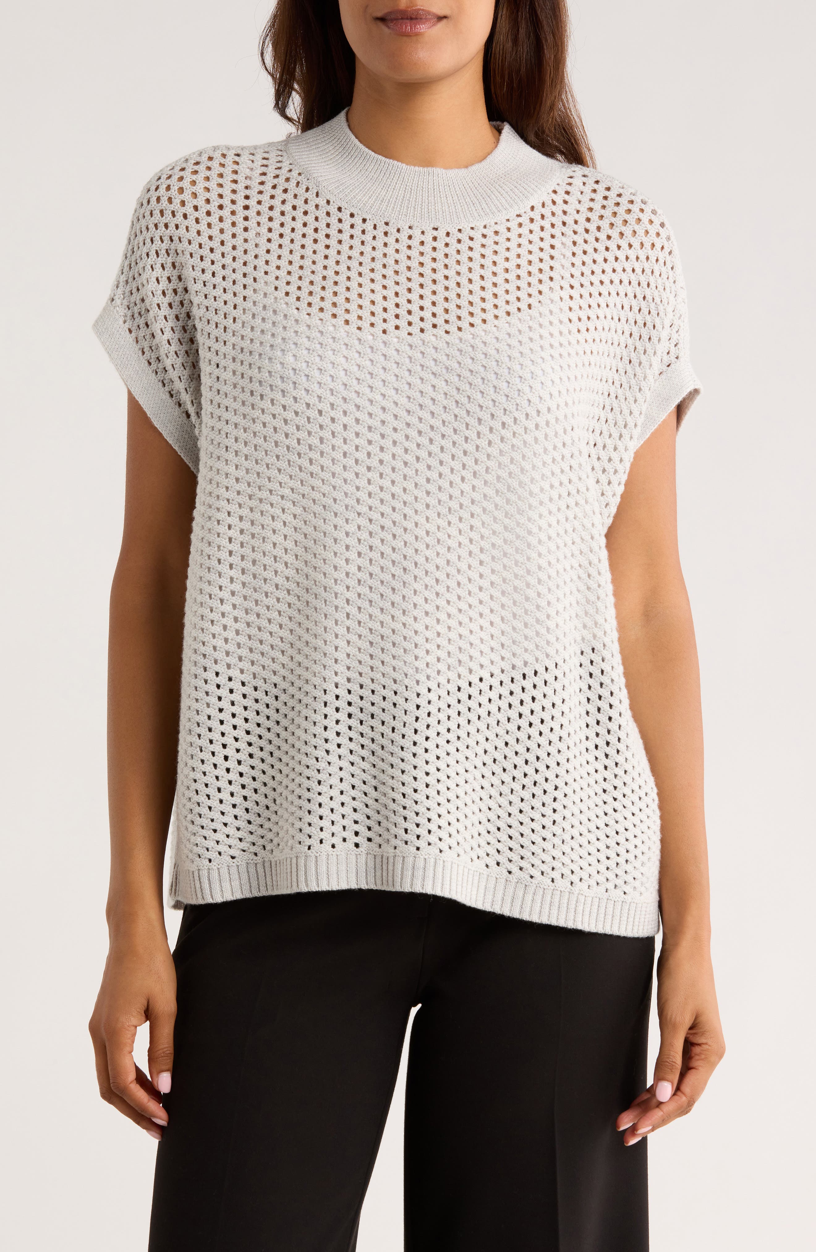 Eileen Fisher Open Stitch Mock Neck Short Sleeve Wool Sweater