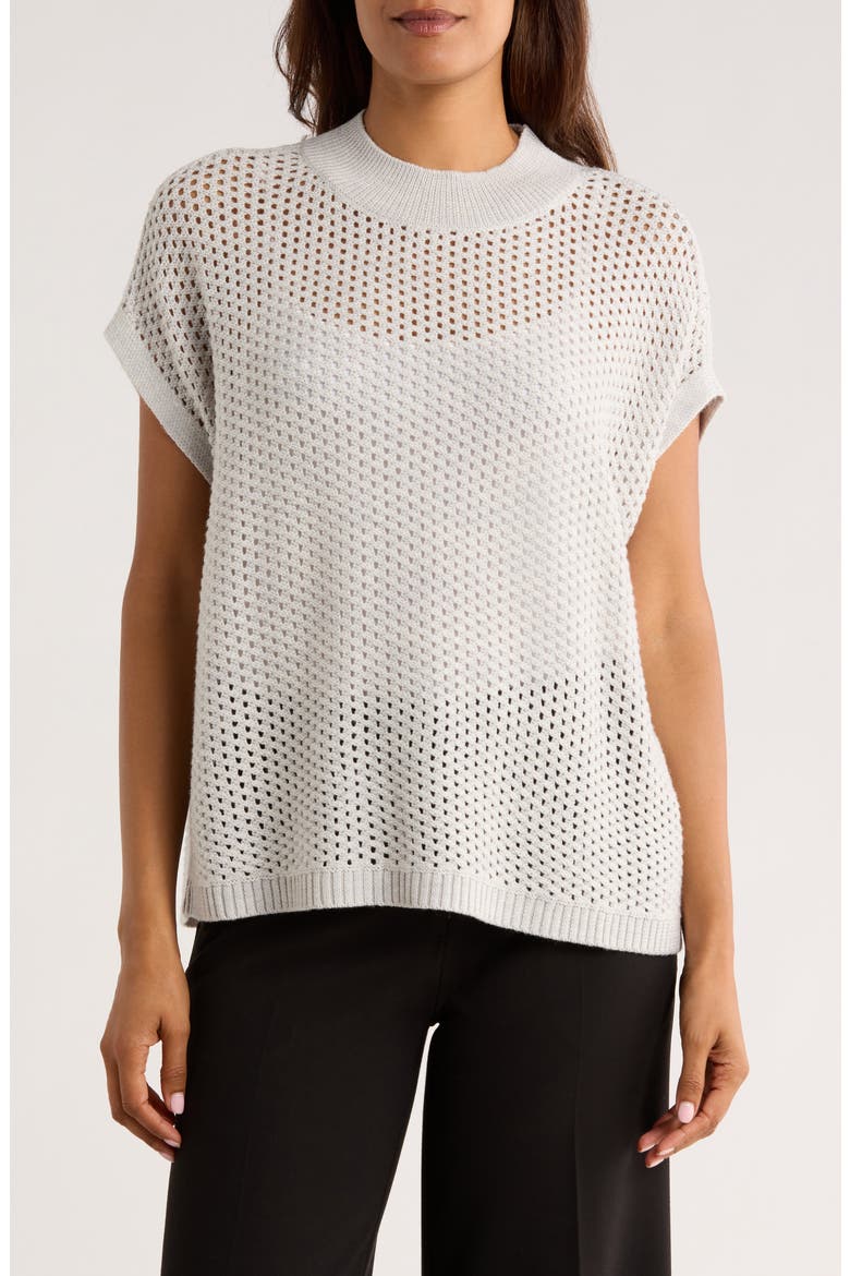 Open Stitch Mock Neck Short Sleeve Wool Sweater, Main, color, SEA SALT