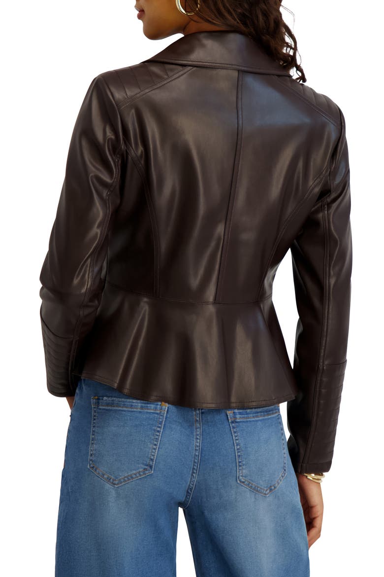 Peplum Back Faux Lether Moto Jacket, Alternate, color, CHOCOLATE