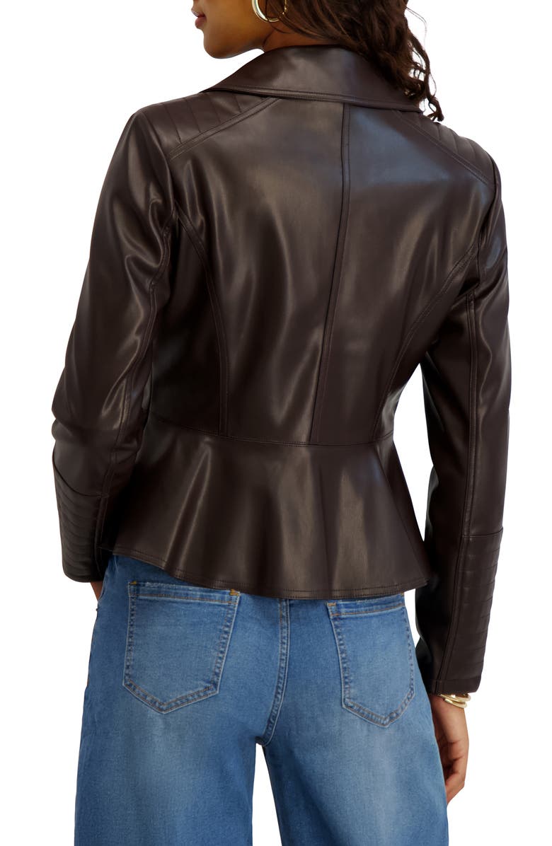 Kensie Peplum Back Faux Lether Moto Jacket, Alternate, color, Chocolate
