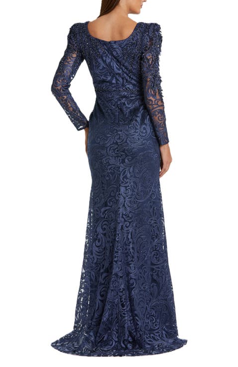 Embroidered Applique Shoulder Detail Trumpet Gown