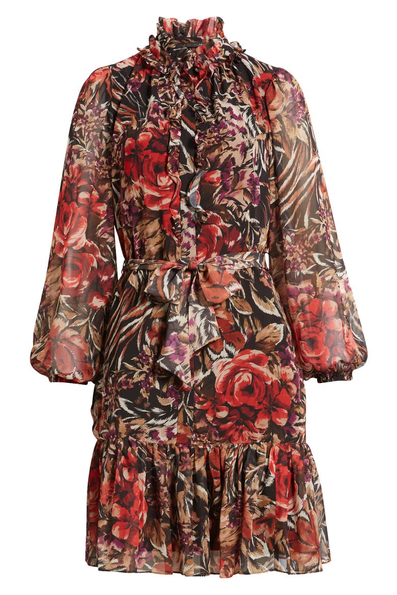 Sami Floral Ruffle Balloon Sleeve Chiffon Dress, Alternate, color, BLACK MULTI