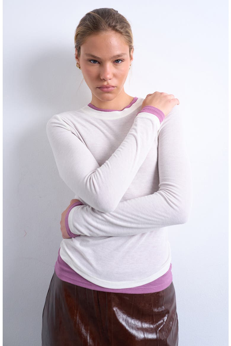 Layered Long Sleeve Rib T-Shirt, Main, color, CREAM AND PINK