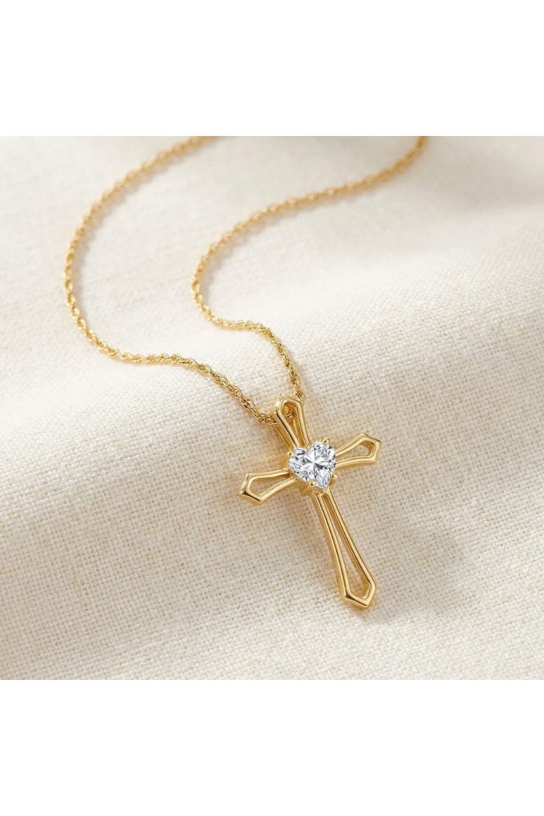 1Ct Cross Solitaire Heart Shape Diamond Necklace Gold Womens Necklace 1" Tall, Alternate, color, 10k Yellow Gold