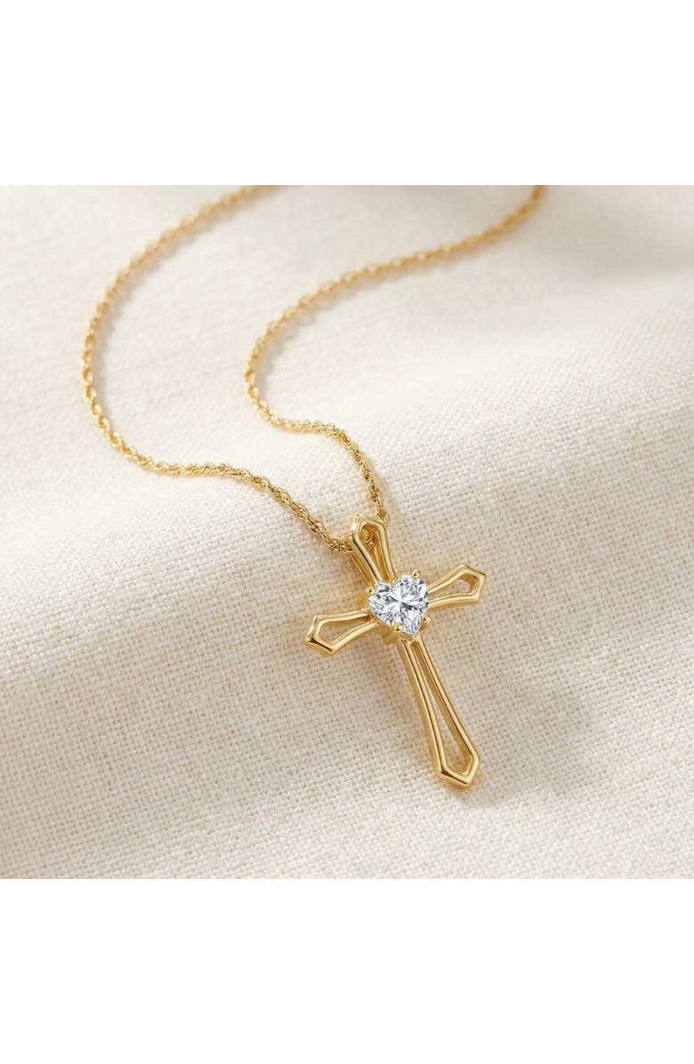 Bliss Diamond 1Ct Cross Solitaire Heart Shape Diamond Necklace Gold Womens Necklace 1" Tall, Alternate, color, 10K Yellow Gold