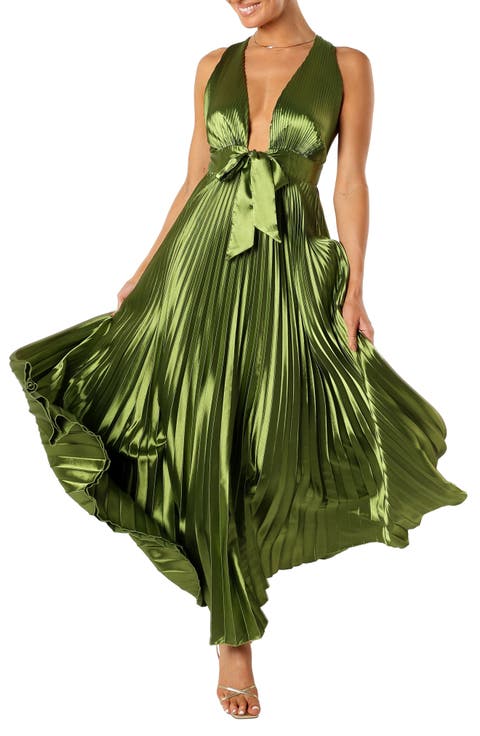 Kris Plunge Neck Pleated Satin Gown