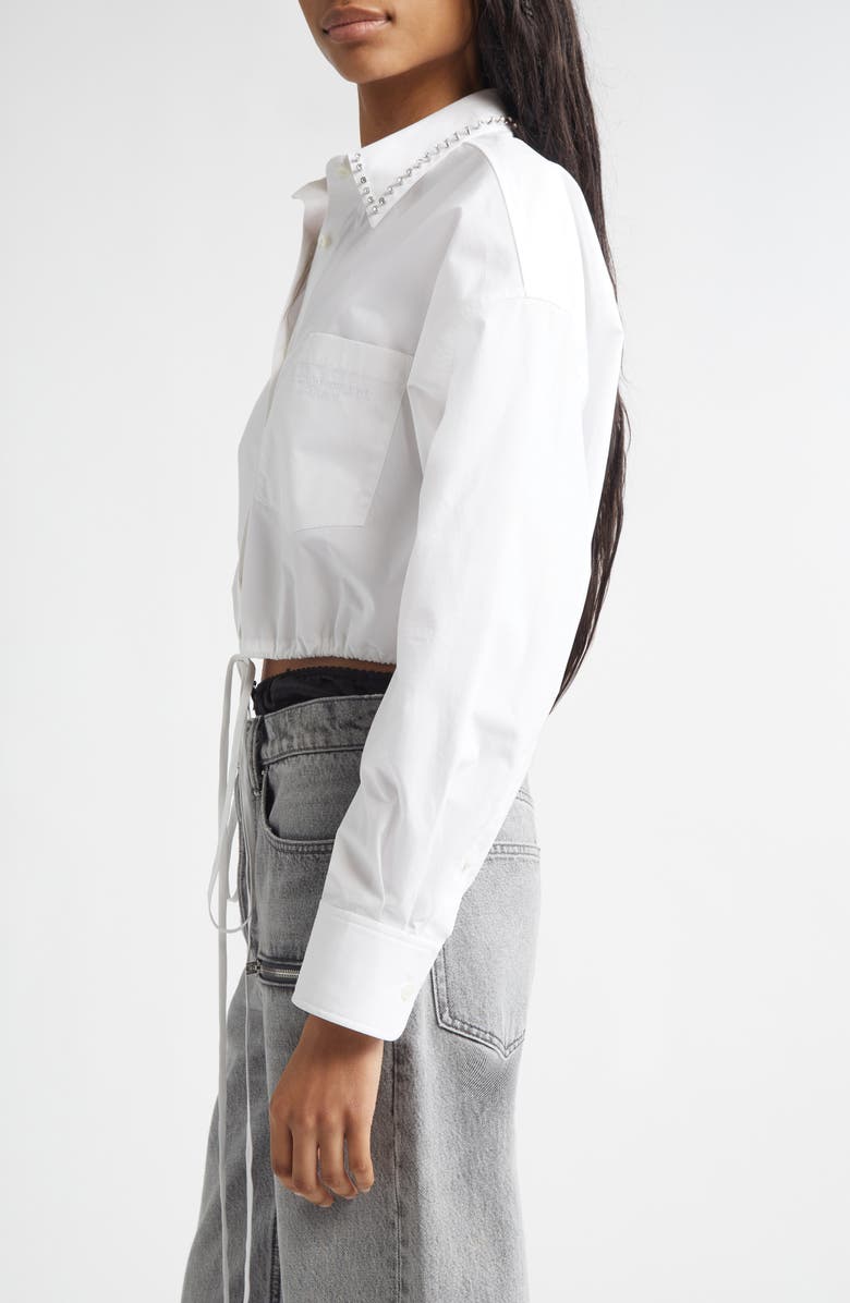 Alexander Wang Crystal Stud Crop Drawstring Waist Cotton Button-Up Shirt, Alternate, color, White