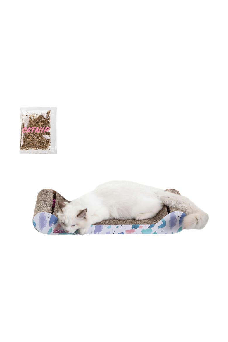 Rini Modern Cardboard Lounge Bed Cat Scratcher with Built-In Bell Toys and Catnip, Alternate, color, White/Multi
