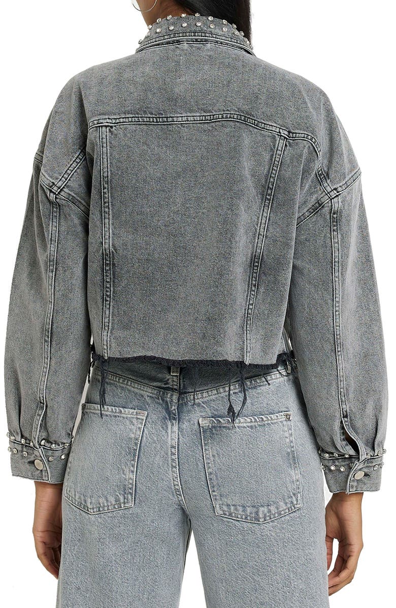 River Island Embellished Crop Raw Hem Denim Jacket, Alternate, color,