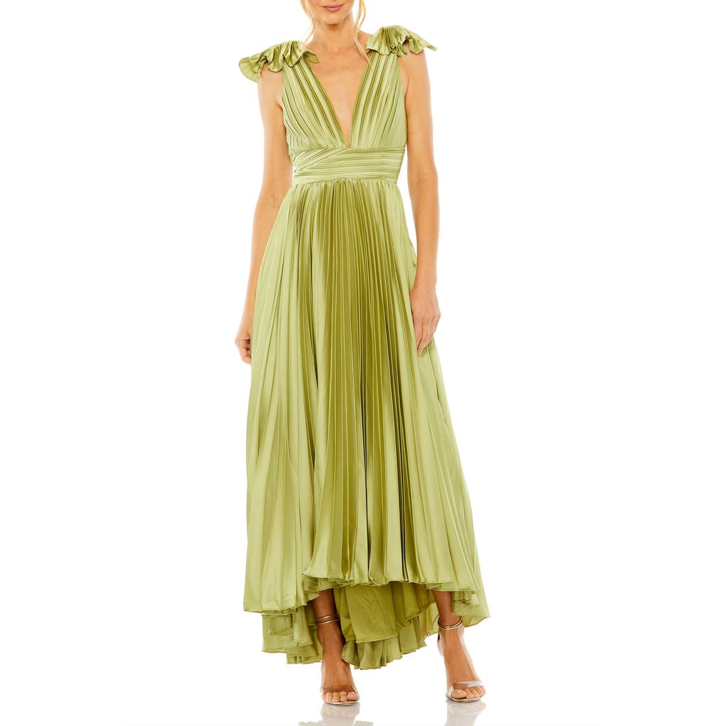 Mac Duggal Ruffle Top Sleeveless V Neck Pleated Gown In Apple Green