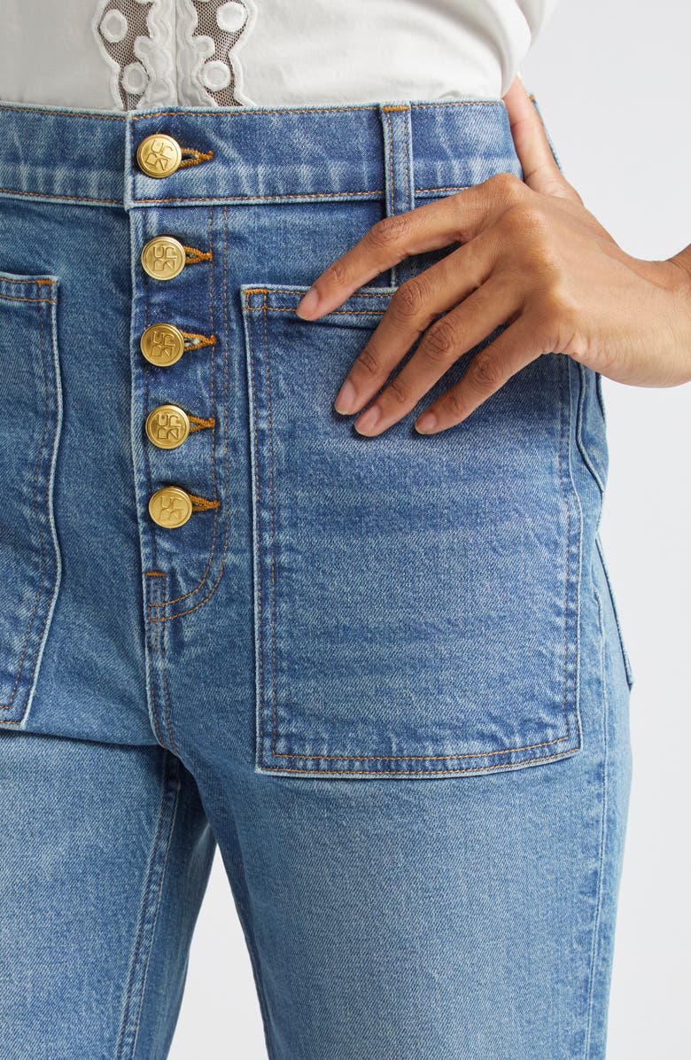 Ulla Johnson The Lou Button Fly Flare Jeans, Alternate, color, Danube Medium Indigo Wash