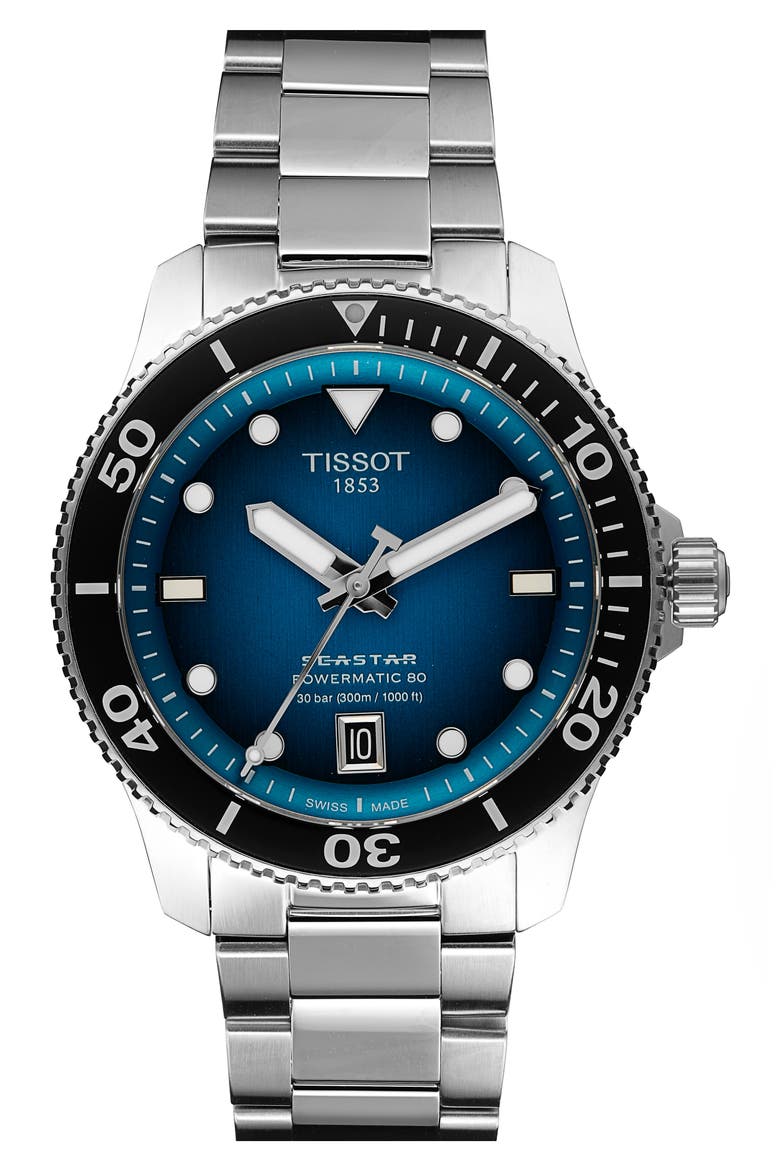 Tisso Seastar 1000 Powermatic 80 Bracelet Watch, 40mm, Main, color, TURQUOISE/SILVER