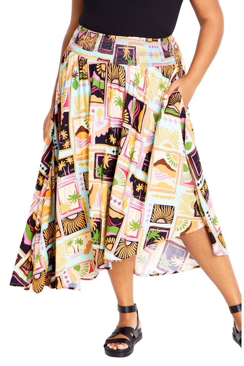 Eva Smocked Waist Asymmetric Skirt, Main, color, PRINT