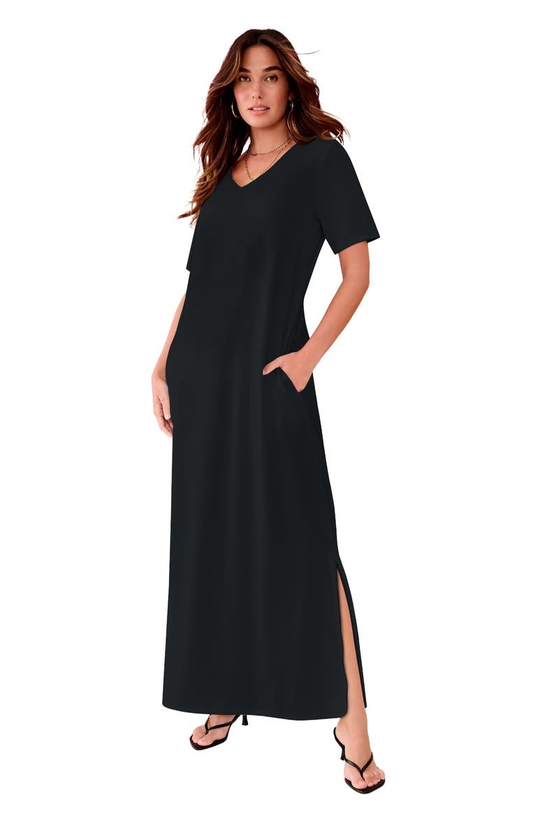 Plus Size Stretch Knit Short Sleeve Maxi Dress With Side Slit Detail, Main, color, BLACK