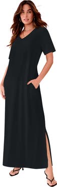 Roaman's Plus Size Stretch Knit Short Sleeve Maxi Dress With Side Slit Detail
