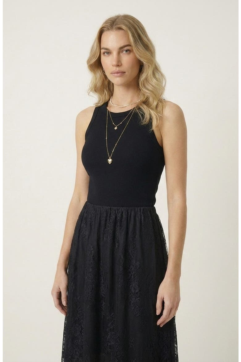 Layered Lace Sheer Hem Midi Skirt, Alternate, color, Black