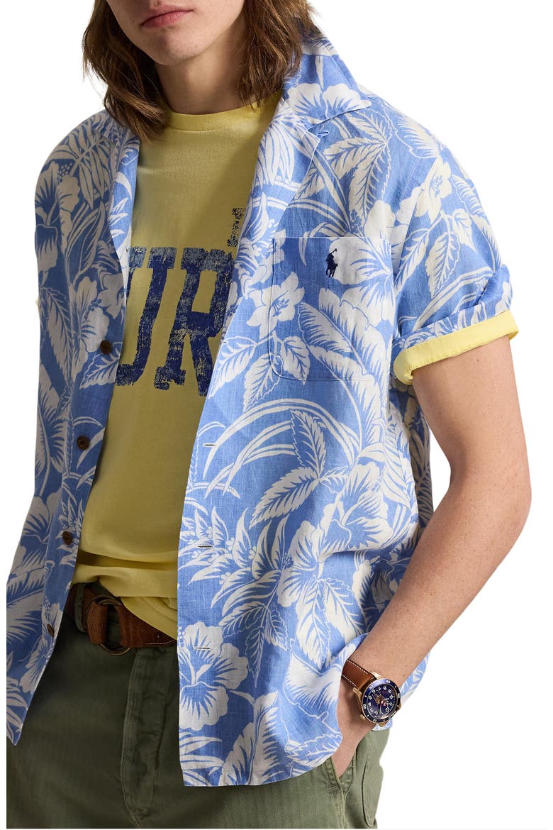 Classic Fit Tropical Print Linen Camp Shirt, Main, color, 7165 BLUE SWEETHEART FLORAL