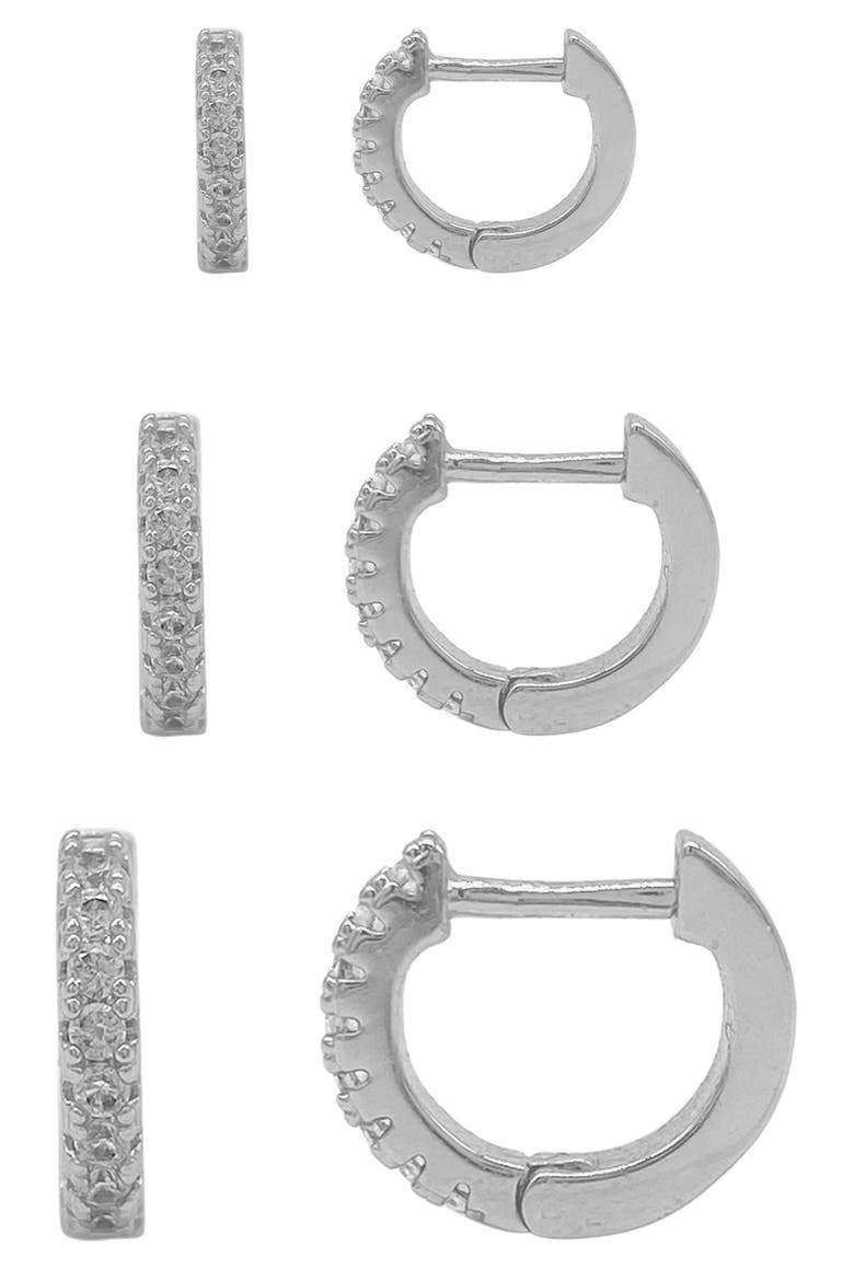 Set of 3 Pavé Huggie Hoop Earrings, Main, color, SILVER