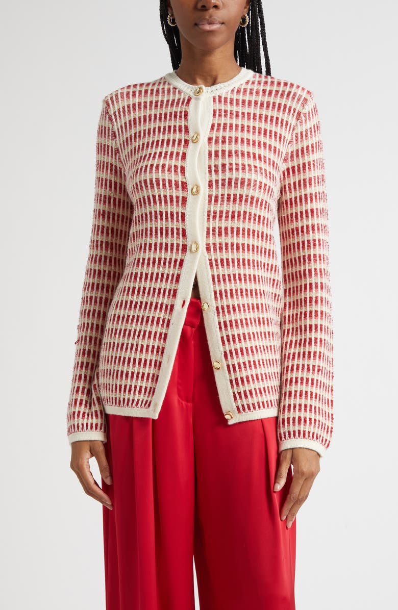 Ramy Brook Ivy Metallic Cardigan, Main, color, Ivory / Scarlet Red Knit