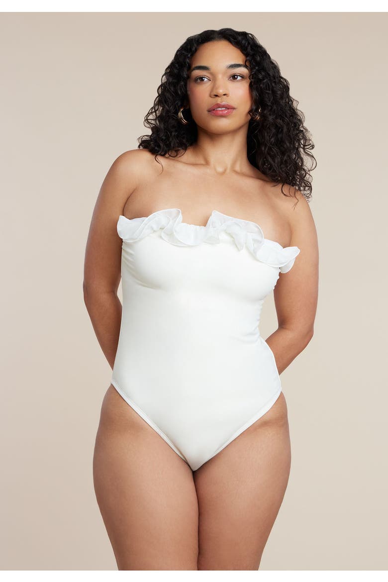 Patbo X Eloquii Ruffle Detail One Piece Swimsuit, Alternate, color, COCONUT MILK