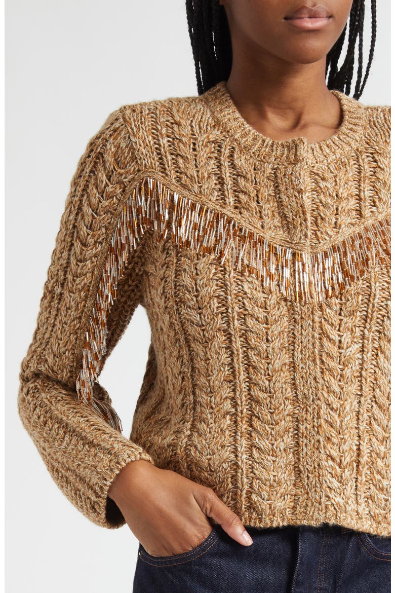 Mélange Bead Fringe Accent Cable Crewneck Sweater, Alternate, color, OATMEAL MULTI