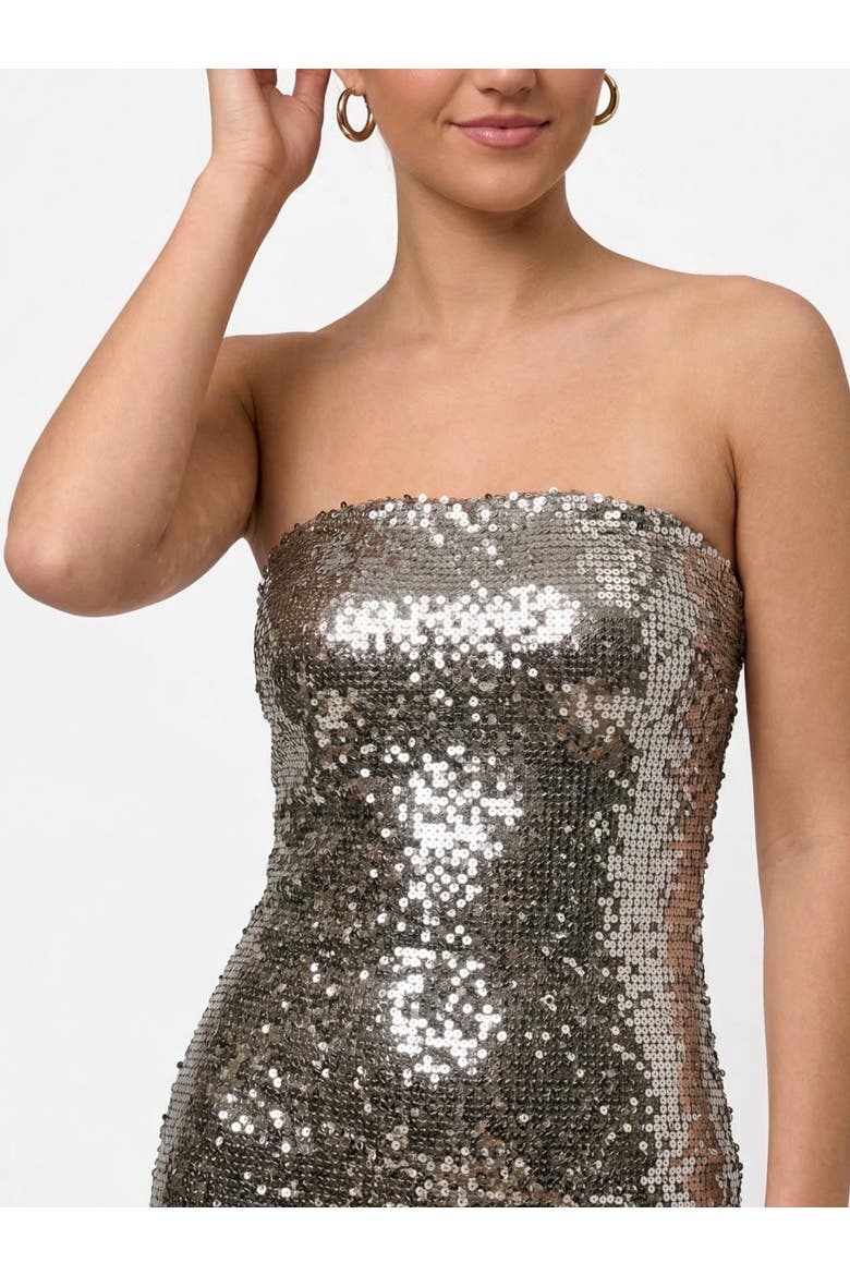 Yuri Strapless Sequin Midi Dress, Alternate, color, Silver