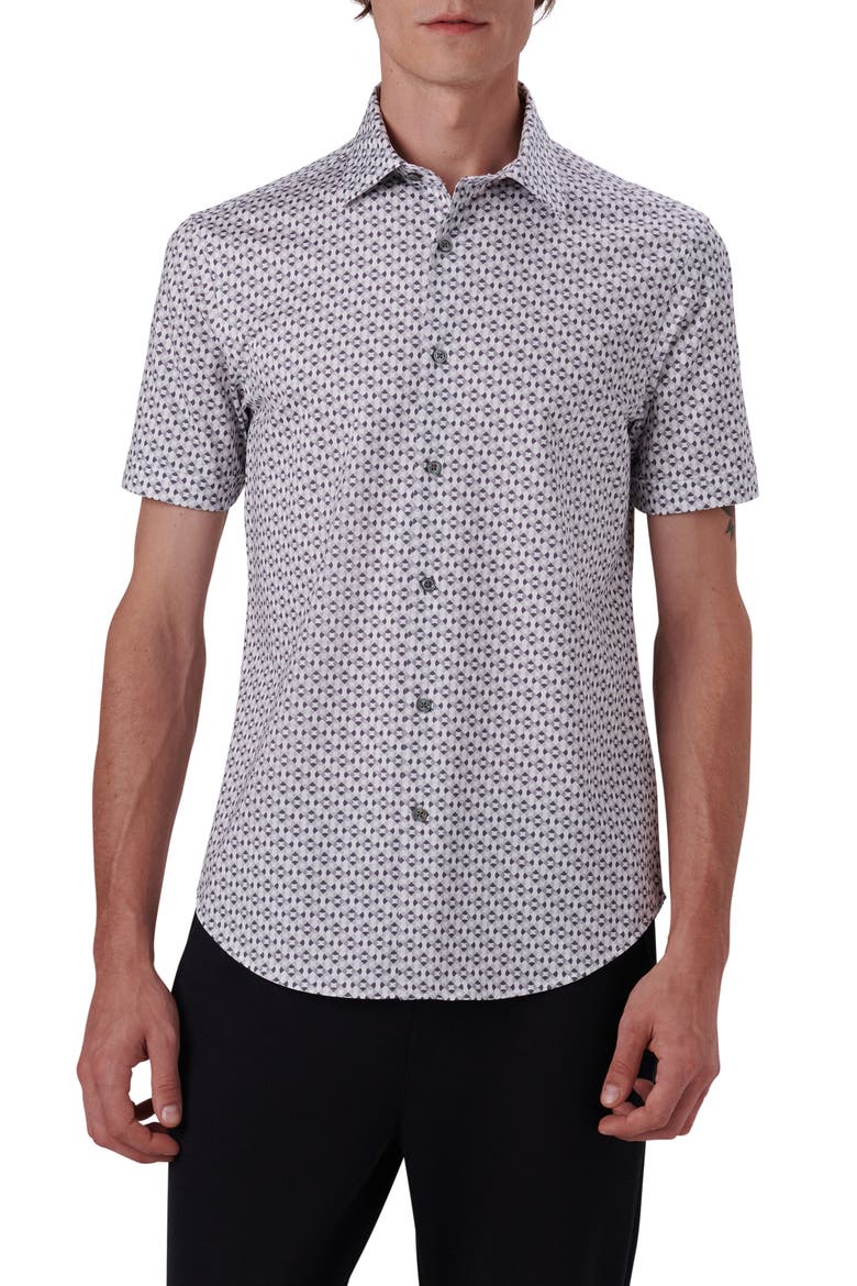 Miles OoohCotton® Geo Print Short Sleeve Button-Up Shirt, Main, color, CEMENT