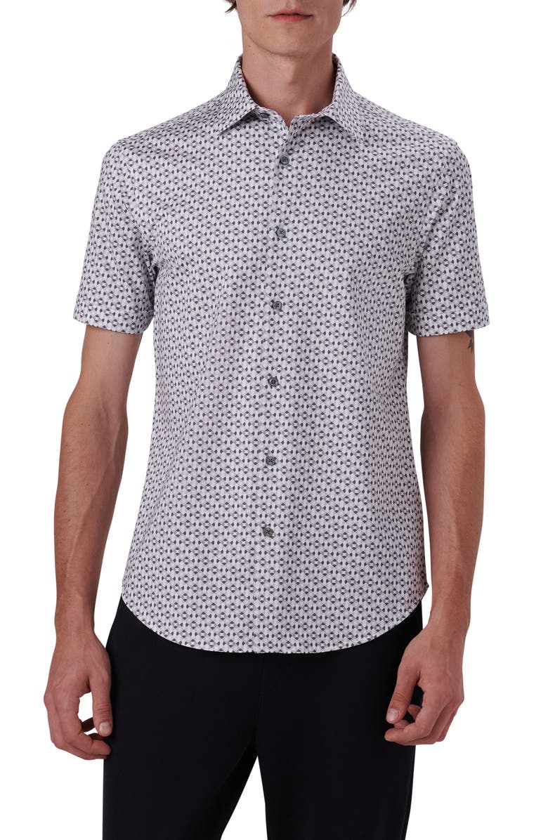 Bugatchi Miles OoohCotton<sup>®</sup> Geo Print Short Sleeve Button-Up Shirt, Main, color, Cement