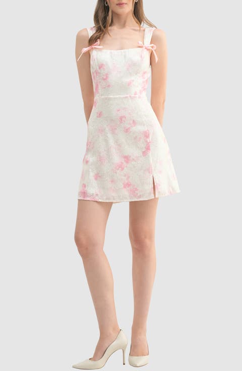 Sequin Rose Print Bow Minidress