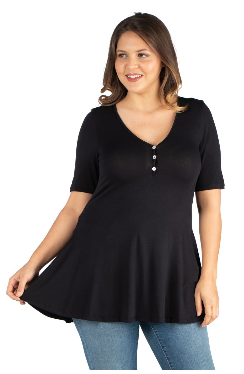 24seven Comfort Apparel Elbow Sleeve Henley Tunic Top, Main, color, Black